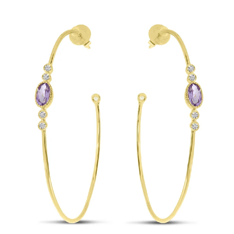 Ladies sapphire earrings-14K Yellow Gold Oval Amethyst & Diamond Hoop Earrings