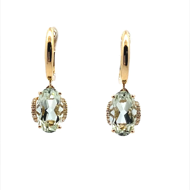 Ladies heart-shaped earrings-14K Yellow Gold 3.41ctw Oval Prasiolite & Diamond Drop Earrings