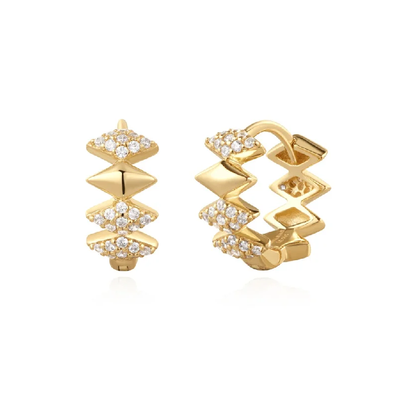 Ladies gold-plated earrings-Gold Plated Cubic Zirconia Geometric Huggie Hoop Earrings by Ania Haie