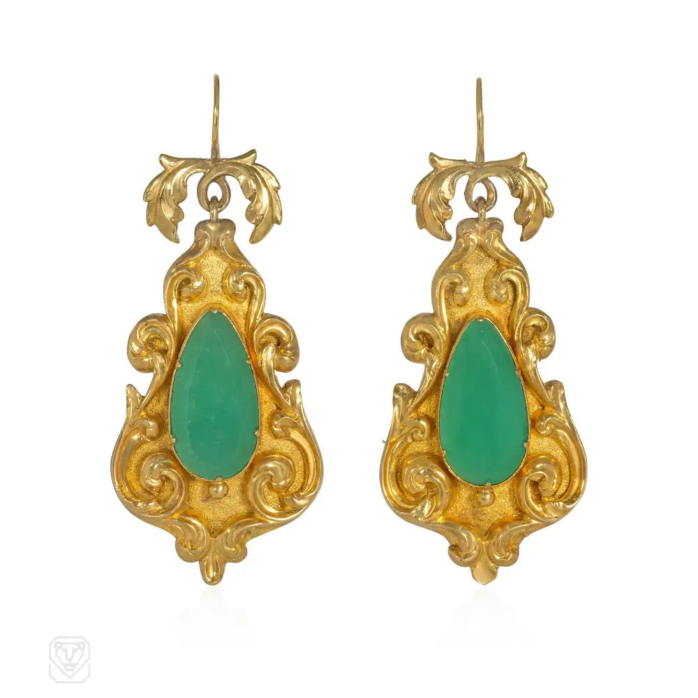 Ladies matching earrings and necklace sets-Antique gold and chrysoprase pendant earrings