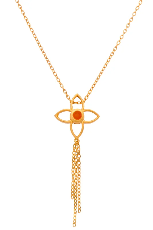 Ladies minimalist necklaces-Carnelian Joy Flower Necklace With Tassel 16"/18" 24K Gold Vermeil