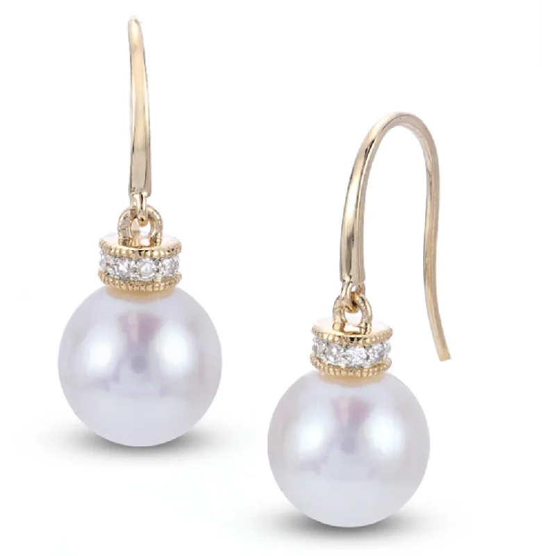 Ladies drop earrings-14K Yellow Gold 9-9.5mm Freshwater Pearl & Diamond Drop Earrings