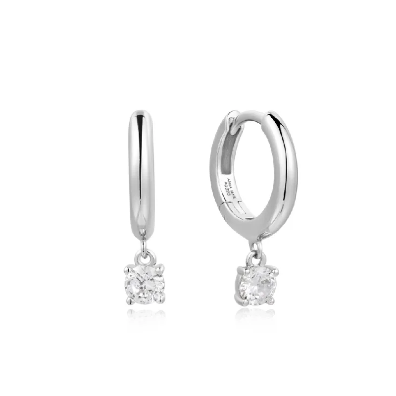 Ladies adjustable earrings-Sterling Silver Cubic Zirconia Drop Huggie Hoop Earrings by Ania Haie