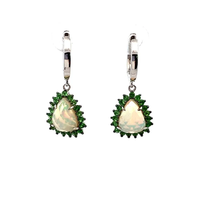 Ladies square earrings-14K White Gold 1.90ctw Triangle Opal & Tsavorite Garnet Halo Drop Earrings by Bellarri