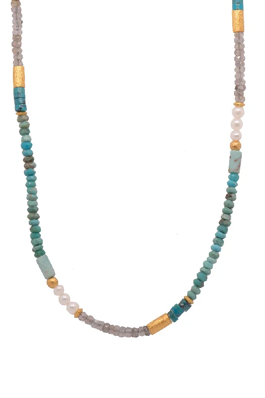 Ladies mixed stone necklaces-Turquoise, White Pearls , Labradorite, and Chrysocolla Necklace 24K Fair Trade Gold Vermeil