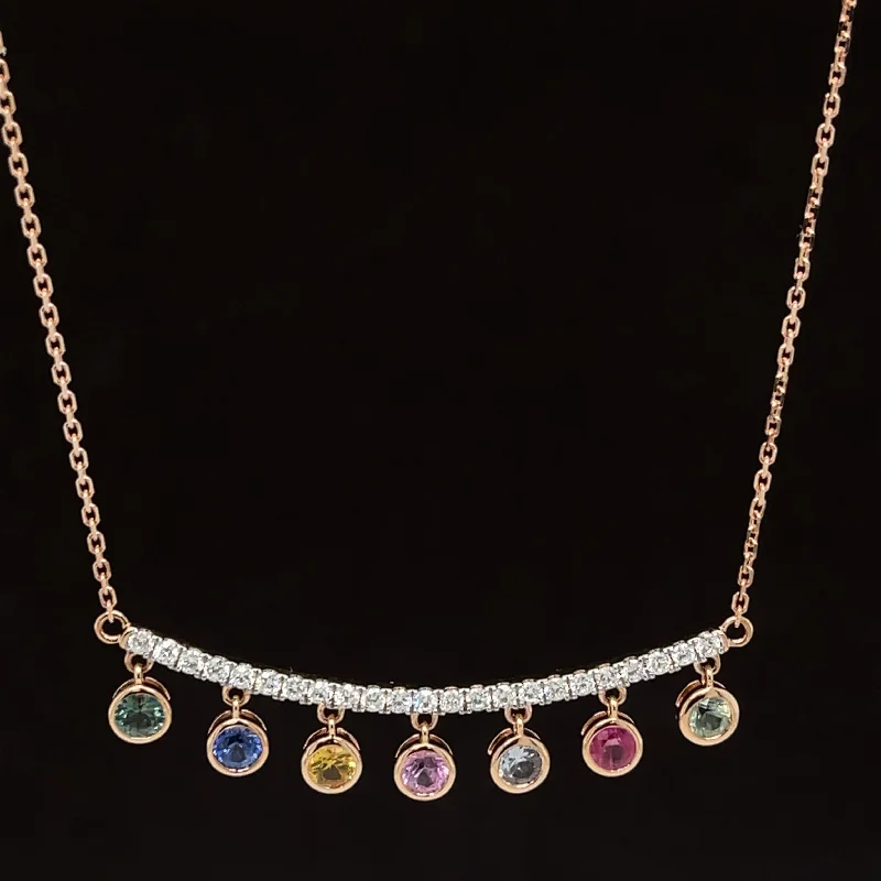 Ladies birthstone necklaces-Rainbow Sapphire & Ruby Chandelier Diamond Curved Bar Necklace in 18k Rose Gold - #574 -NLMIX007664-