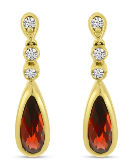 Ladies crystal earrings-14K Yellow Gold Pear Garnet & Diamond Drop Earrings