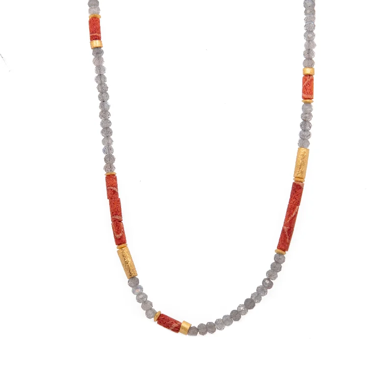 Ladies geometric necklaces-Coral and Labradorite 3mm Necklace 24K Fair Trade Gold Vermeil