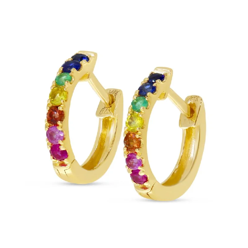 Ladies gold diamond earrings-14K Yellow Gold 0.32ctw Rainbow Sapphire Huggie Hoop Earrings by Brevani