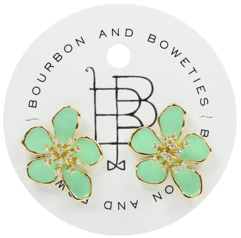 Ladies white gold earrings-The Green Flower Stud