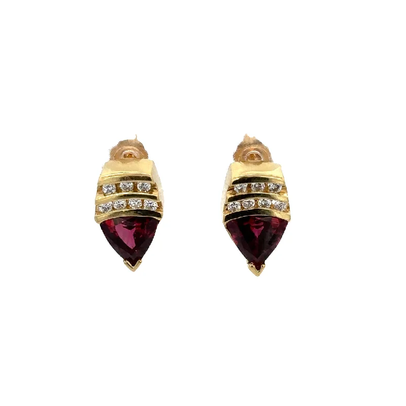 Ladies gold diamond earrings-Garnet and Diamond Earrings in 18k Yellow Gold