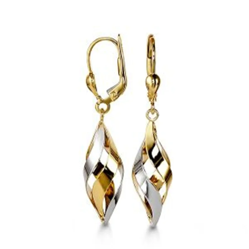 Ladies large hoop earrings-10K Two Tone Gold Twist Drop Earrings