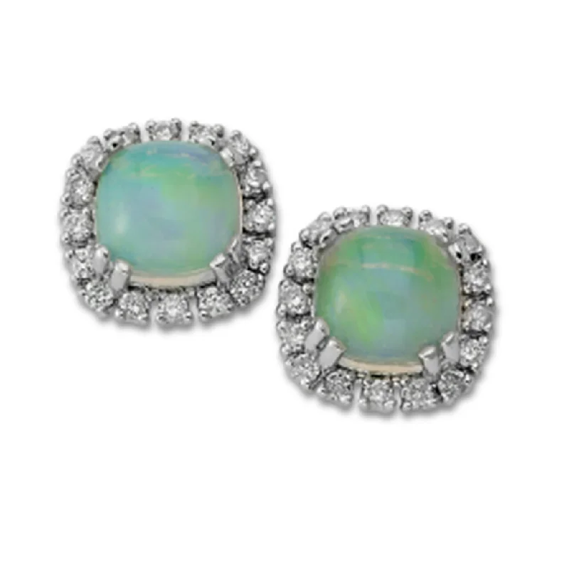 Ladies gold diamond earrings-14K White Gold 2.25ctw Cushion Opal & Diamond Halo Stud Earrings by Samuel B.