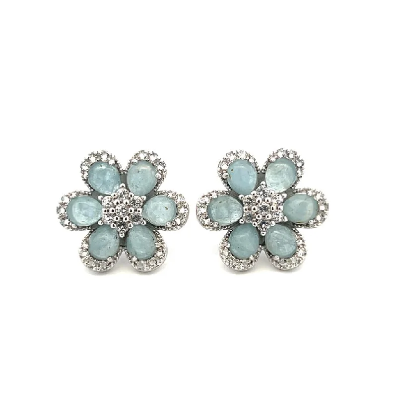 Ladies diamond earrings-Sterling Silver Aquamarine & White Topaz Flower Stud Earrings by Samuel B.