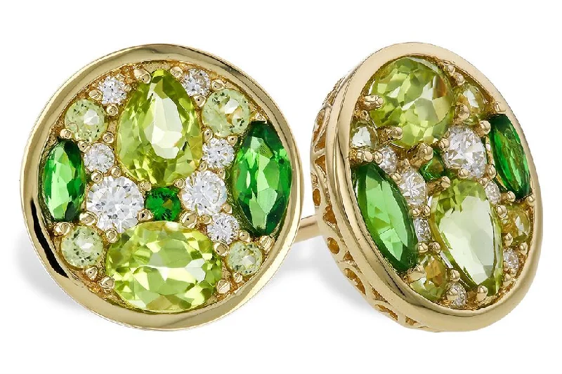 Ladies gold earrings-14K Yellow Gold 1.19ctw Tsavorite Garnet, Peridot & Diamond Cluster Stud Earrings by Allison Kaufman