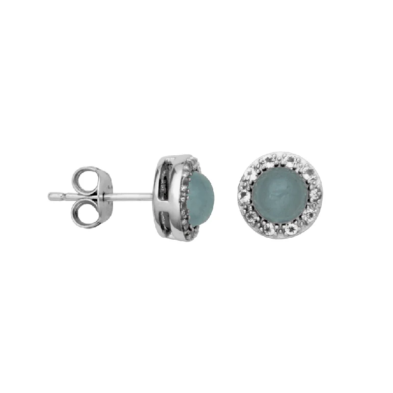 Ladies stud earrings-Sterling Silver Milky Aquamarine & White Topaz Halo Stud Earrings by Samuel B.