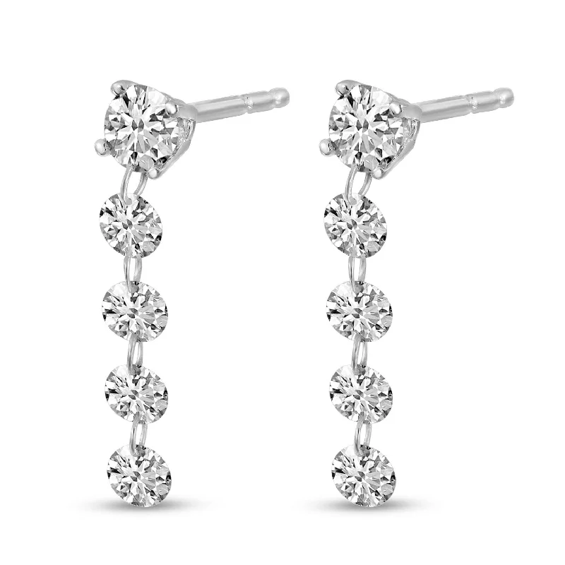 Ladies engagement earrings-14K White Gold 0.94ctw Round Diamond Line Drop Earrings