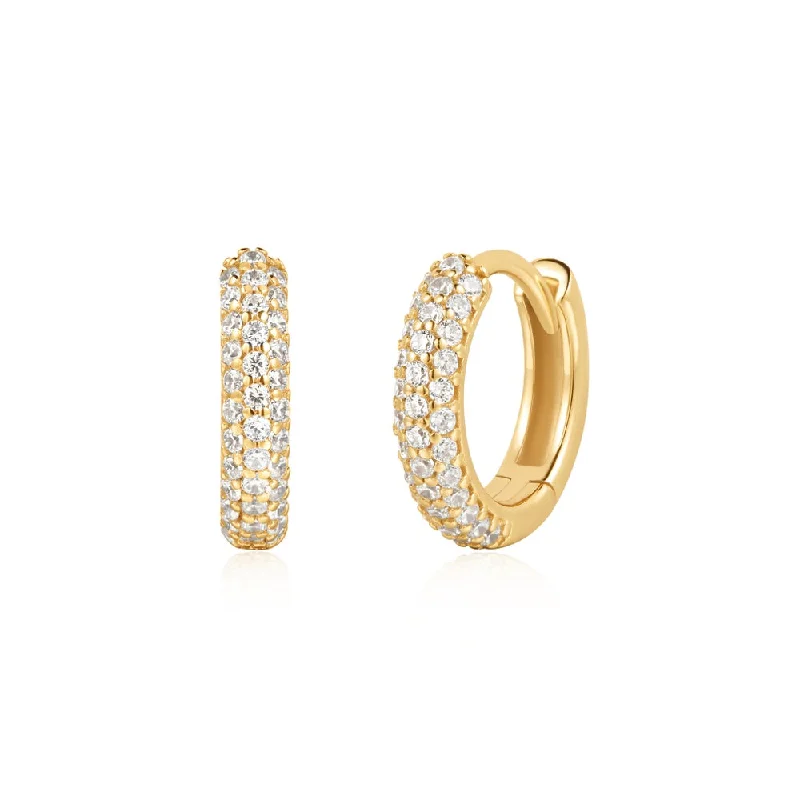 Ladies ethnic earrings-Gold Plated Pave Cubic Zirconia Huggie Hoop Earrings by Ania Haie