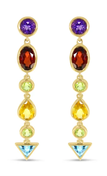 Ladies ruby earrings-14K Yellow Gold Multi Gemstone Drop Earrings by Brevani