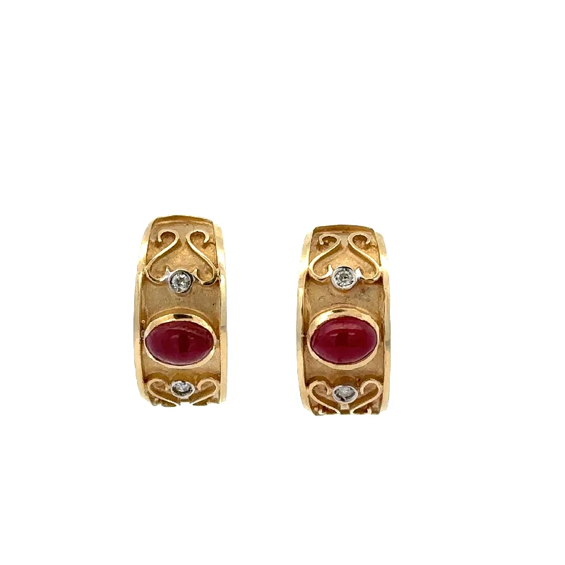 Ladies oval earrings-Etruscan Ruby Cabochon and Diamond Huggie Earrings in Yellow Gold