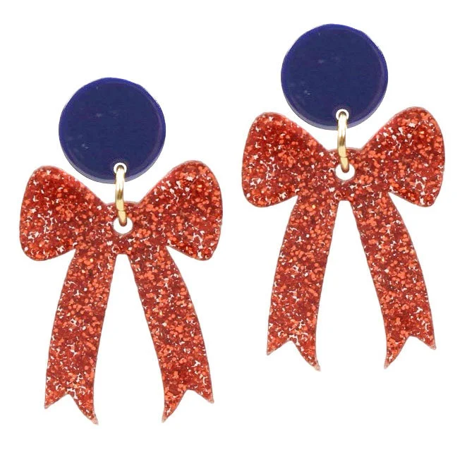 Ladies diamond stud earrings-Gameday Bow Earring - Orange Glitter