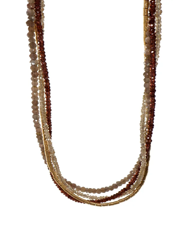 Ladies chunky chain necklaces-Multi Strand Garnet, Labradorite, Zircon and Gold Tube Necklace 24K Fair Trade Gold Vermeil