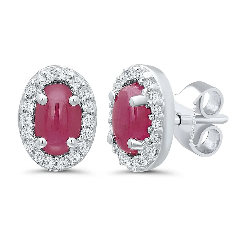 Ladies square earrings-14K Yellow Gold 0.82ctw Oval Lovefire Ruby & Diamond Halo Stud Earrings