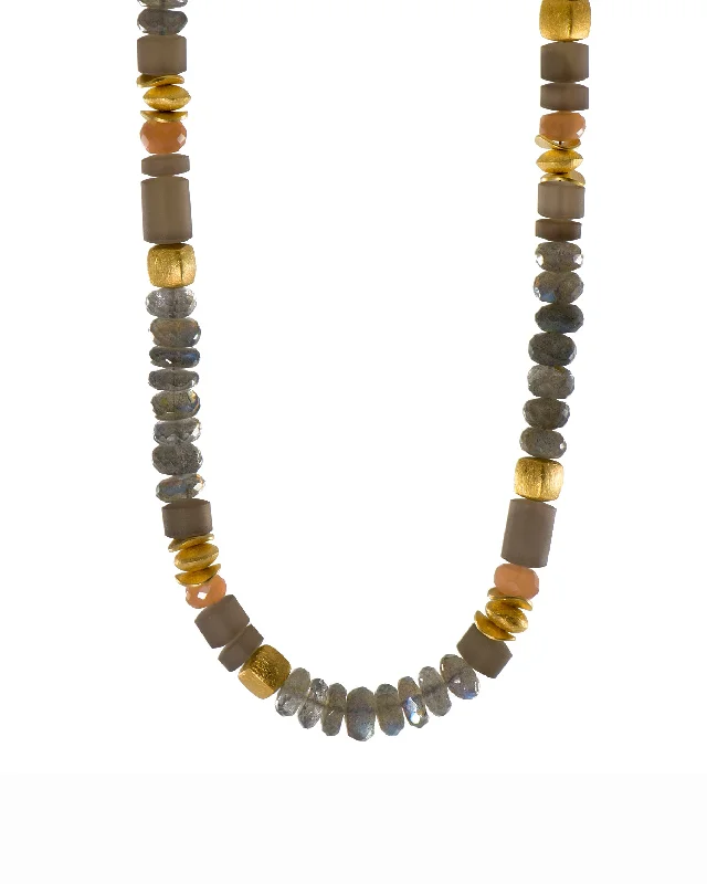 Ladies double-layer necklaces-Labradorite, Peach Moonstone and Smoky Quartz Necklace 8mm 24K Fair Trade Gold Vermeil