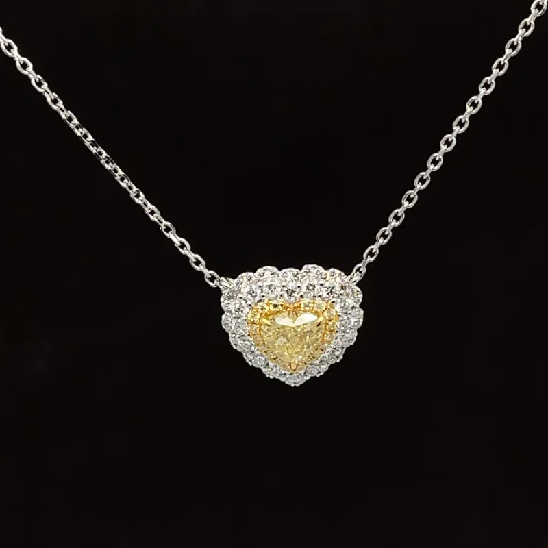 Ladies pendant necklaces-Yellow & White Diamond Heart Solitaire Lace Necklace in 18k Two-Tone Gold - #577 - NLDIA068512