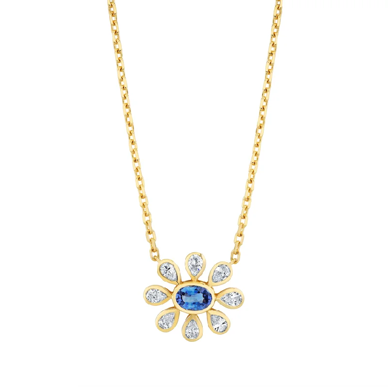 Ladies diamond and gold necklaces-Sapphire and Diamond Flower Necklace