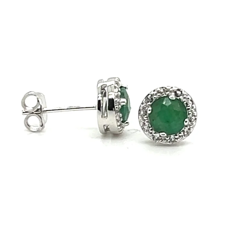 Ladies birthstone earrings-Sterling Silver Dyed Green Corundum & White Topaz Halo Stud Earrings by Samuel B.