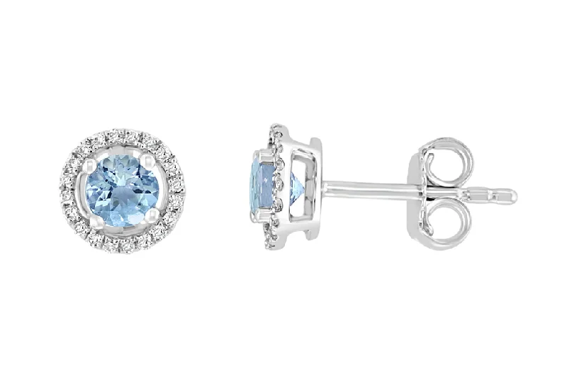 Ladies textured earrings-14K White Gold 0.53ctw Round Aquamarine & Diamond Halo Stud Earrings