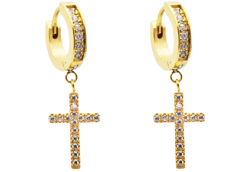 Ladies statement chandelier earrings-Mens Gold Plated Stainless Steel Hoop Cross Earrings With Cubic Zirconia