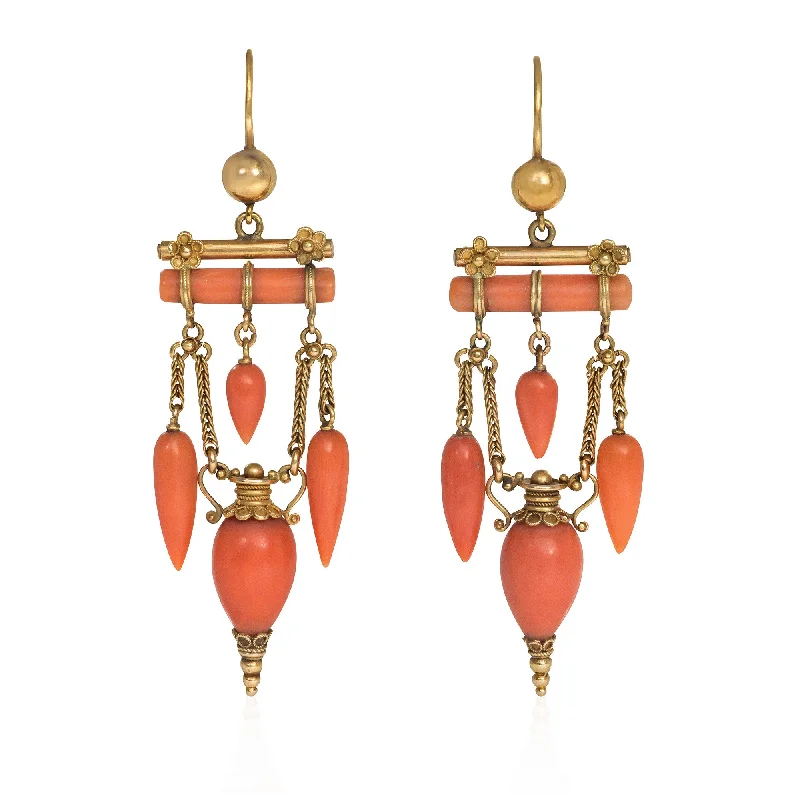 Ladies enamel earrings-Antique Etruscan Revival coral drop earrings