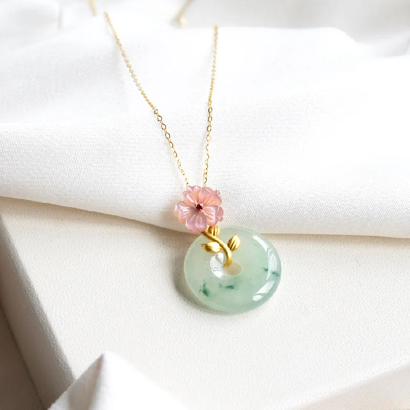 Ladies diamond and gold necklaces-Pink Mother of Pearl Flower Ruby & Jade 18K Gold Necklace