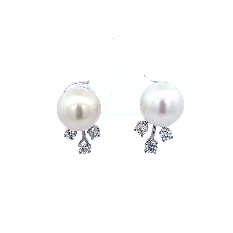 Ladies diamond halo earrings-Akoya Cultured Pearl and Diamond Earrings in White Gold