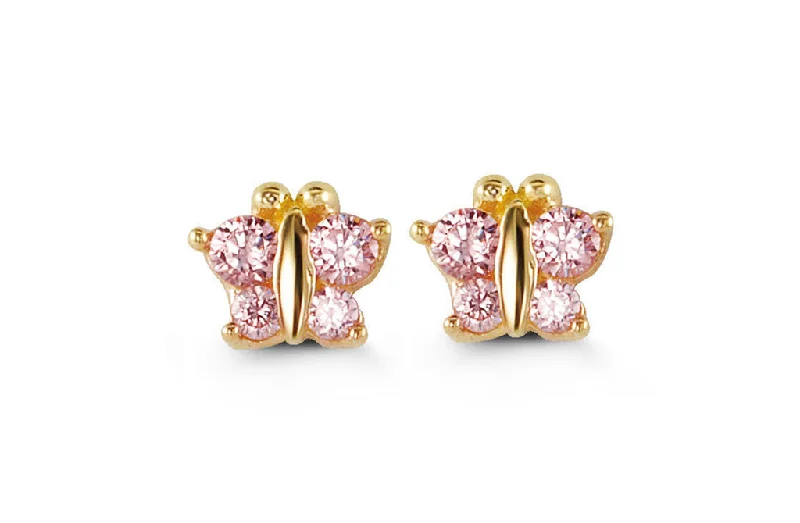 Ladies luxury diamond earrings-14K Yellow Gold Pink Cubic Zirconia Butterfly Kid's Stud Earrings