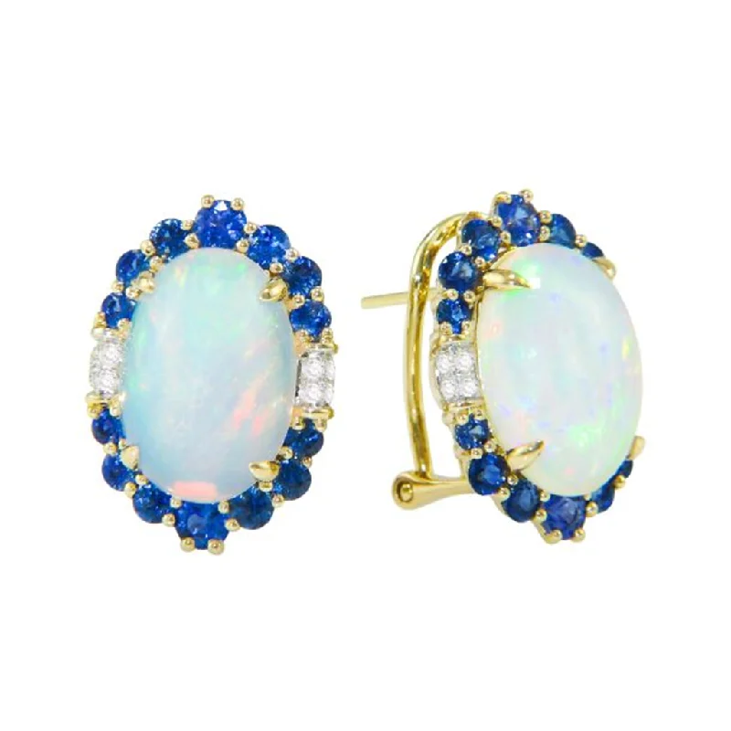 Ladies clip-on earrings-14K Yellow Gold 8.75ctw Opal, Blue Sapphire, & Diamond Halo Stud Earrings by Bellarri