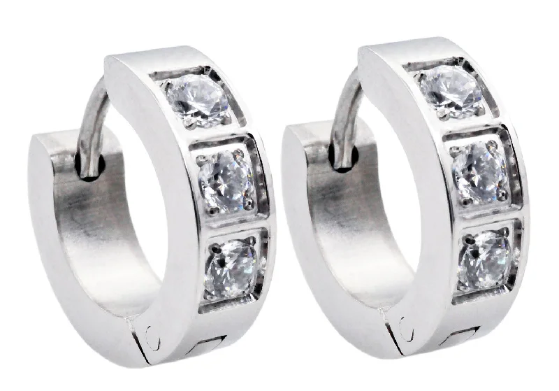 Ladies sterling silver hoop earrings-Mens 14mm Stainless Steel Hoop Earrings With Cubic Zirconia