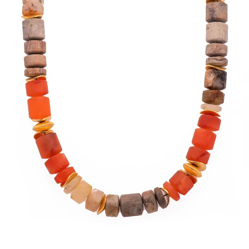 Ladies statement gemstone necklaces-Carnelian, Jasper and Dendrite Agate Necklace 24K Fair Trade Gold Vermeil 10mm