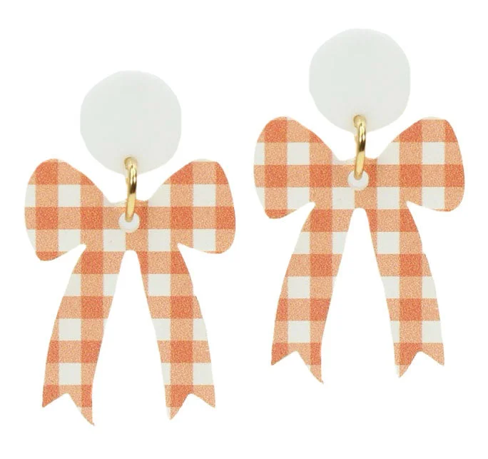 Ladies hoop earrings-Gameday Bow Earring - Orange + White Checkered