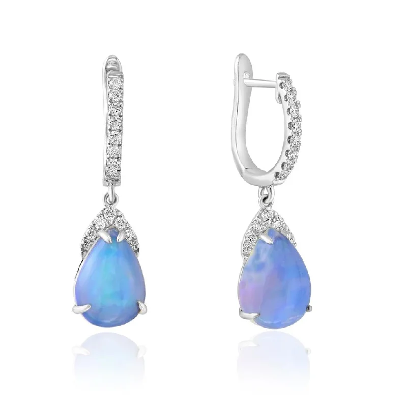 Ladies colorful gemstone earrings-14K White Gold 3.27ctw Pear Opal & Diamond Drop Earrings