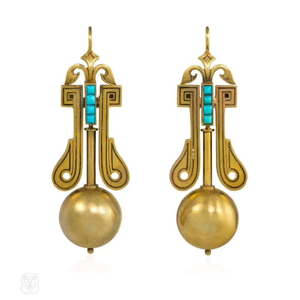 Ladies ruby earrings-Antique turquoise and gold bead earrings