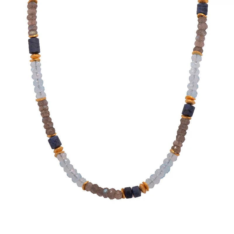 Ladies pendant necklaces-Labradorite, Blue Topaz and Dumortierite Necklace 5mm 24K Fair Trade Gold Vermeil