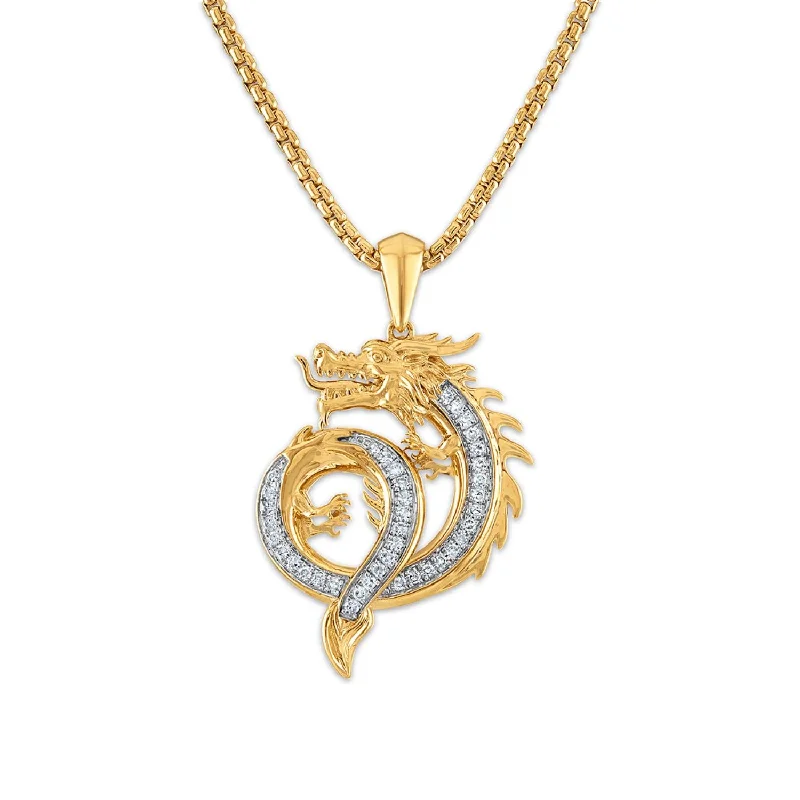 Ladies statement silver necklaces-EcoLove 1/4 CTW Lab Grown Diamond 24-inch Dragon Pendant in Gold Plated Sterling Silver