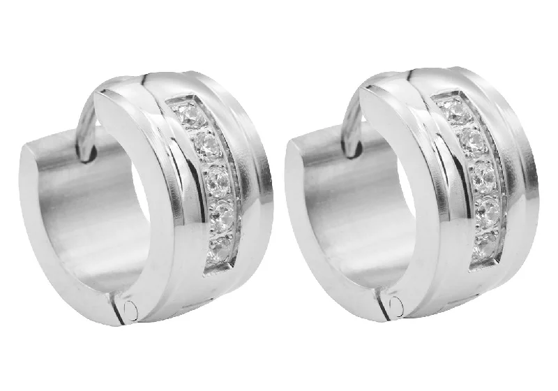 Ladies infinity earrings-Men's 13mm Stainless Steel Hoop Earrings With Cubic Zirconia