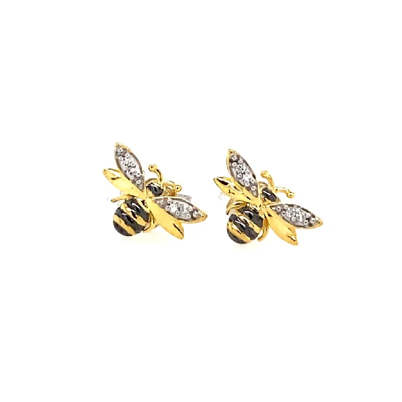 Ladies sterling silver hoop earrings-Gold Plated Diamond Bee Stud Earrings