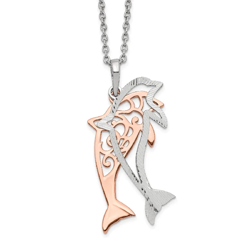 Ladies minimalist gold necklaces-Sterling Silver 18-inch Diamond-cut Two-Tone Dolphin Necklace