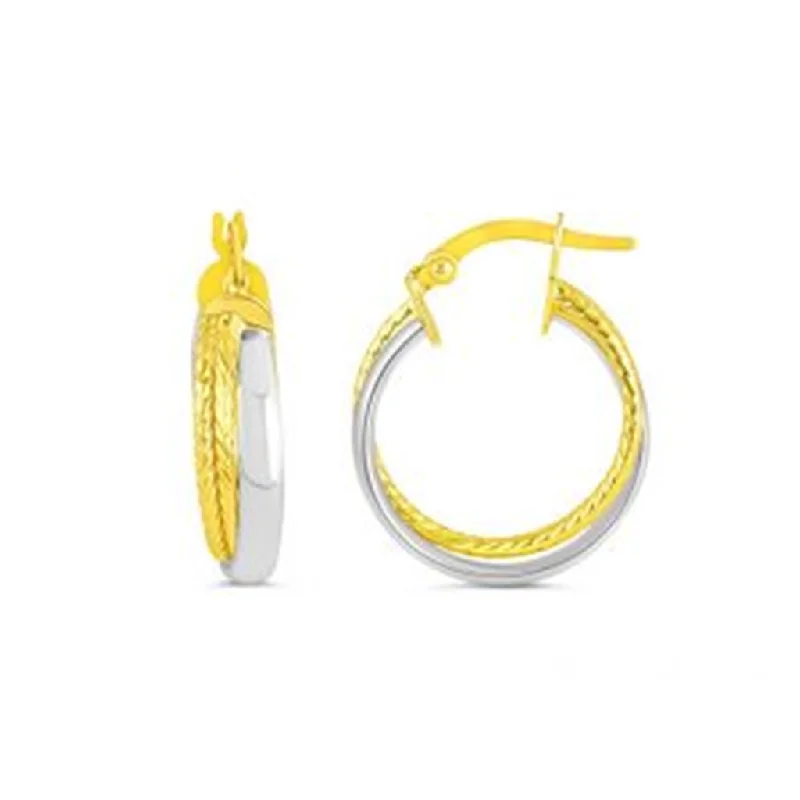 Ladies teardrop earrings-10K Two Tone Gold Twist Double Hoop Earrings