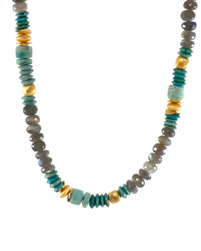 Ladies mixed-metal necklaces-Turquoise, Labradorite, and Chrysocolla 8mm Jewelry Set with 24K Fair Trade Gold Vermeil